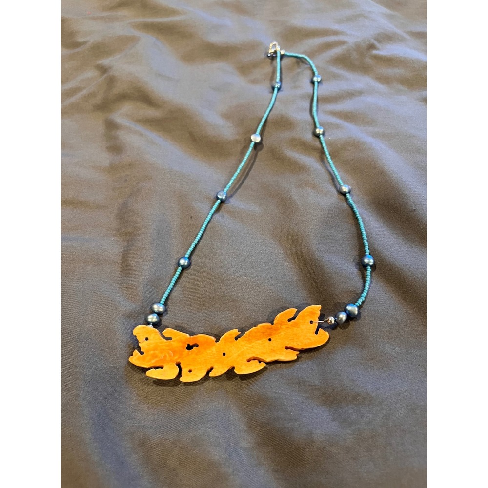 Vintage Carved Turtle Statement Necklace Turquoise Seed Bead Coastal Jewelry - Picture 2 of 3